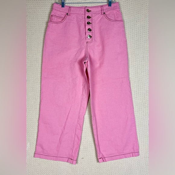 Kate Spade Pink Wool Cotton Heather Basket Weave Pants Wide Leg Cropped Button - Picture 12 of 12